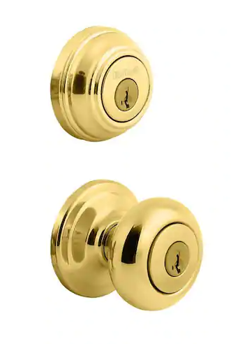 Kwikset Juno Polished Brass Exterior Entry Door Knob and Single Cylinder Deadbolt Combo Pack Featuring SmartKey Security