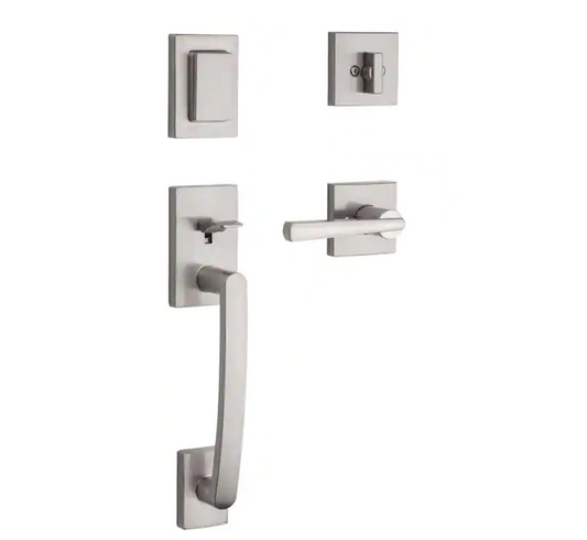 Baldwin Prestige Spyglass Single Cylinder Satin Nickel Door Handleset with Square Spyglass Door Handle Feat SmartKey Security