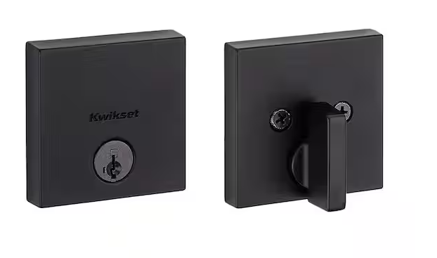 Kwikset Downtown Low Profile Iron Black Square Single Cylinder Contemporary Deadbolt featuring SmartKey Security