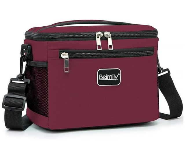 BEIMILY Lunch Box Small Insulated Lunch  Adjustable Shoulder Strap (Dark red)