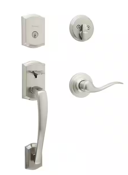 Kwikset Prescott Satin Nickel Single Cylinder Entry Door Handleset with Tustin Handle Featuring SmartKey Security