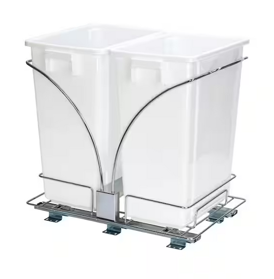 Design Trend Household Essentials 9 Gal. Double Under Cabinet Double Sliding Trash Can Caddy White, Chrome