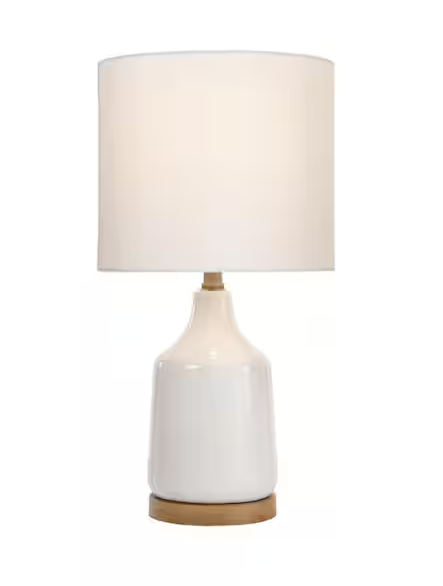 Hampton Bay Saddlebrook 21.5 in. Cream Ceramic and Faux Wood Table Lamp with White Fabric Shade