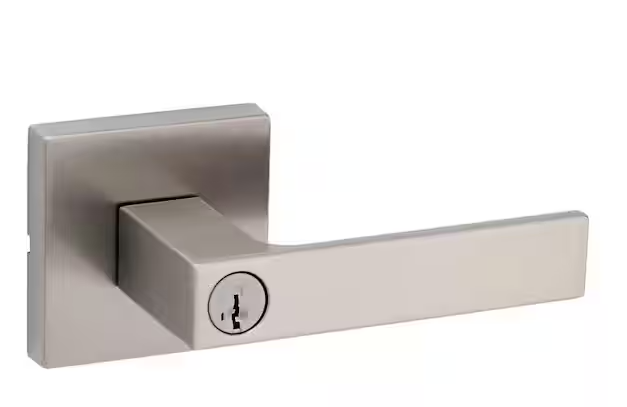 Kwikset Singapore Square Satin Nickel Keyed Entry Door Handle with Microban Featuring SmartKey Security