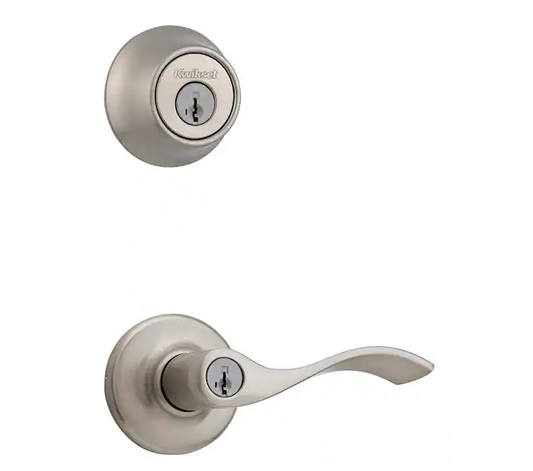 Balboa Satin Nickel Keyed Entry Door Handle and Single Cylinder Deadbolt Combo Pack featuring SmartKey and Microban