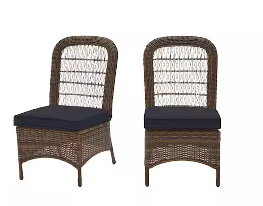 Hampton Bay Beacon Park Brown Wicker Outdoor Patio Armless Dining Chair with CushionGuard Midnight Navy Blue Cushions (2-Pack)