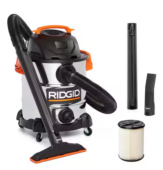 RIDGID 10 Gallon 6.0 Peak HP Stainless Steel Shop Vac Wet Dry Vacuum with Filter, Locking Hose and Accessory Attachments