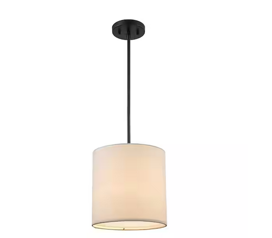 Monteaux Lighting 10 in. 1-Light Black Drum Pendant Light Fixture with Linen Shade