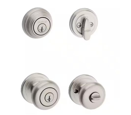 Juno Satin Nickel Exterior Entry Door Knob and Single Cylinder Deadbolt Combo Pack Featuring SmartKey Security
