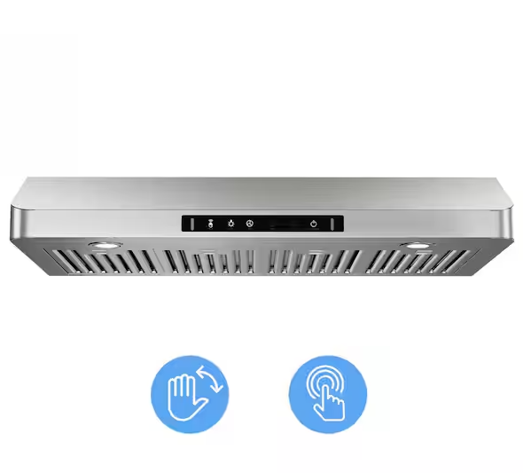 VIKIO 42ÿin. 900 CFM Ducted Under Cabinet Range Hood in Stainless Steel with 3-Way Venting Removable LEDSÿand Gesture Control