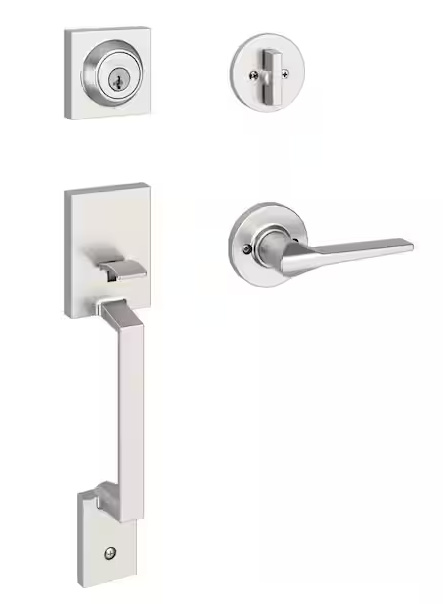 Kwikset Amador Satin Nickel Entry Door Handleset with Round Rose Hollis Lever Featuring SmartKey Security