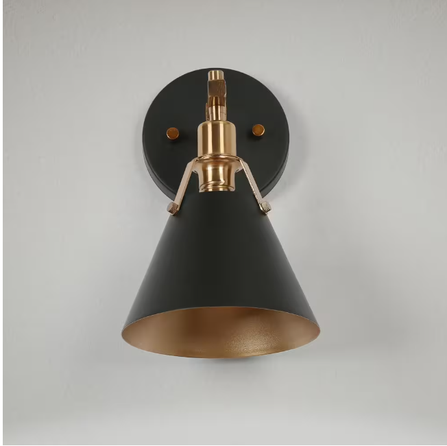 HDC Granville Collection 1-Light Matte Black & Vintage Gold Wall Sconce with Bell Shade Modern Damp-rated Bath Vanity Light