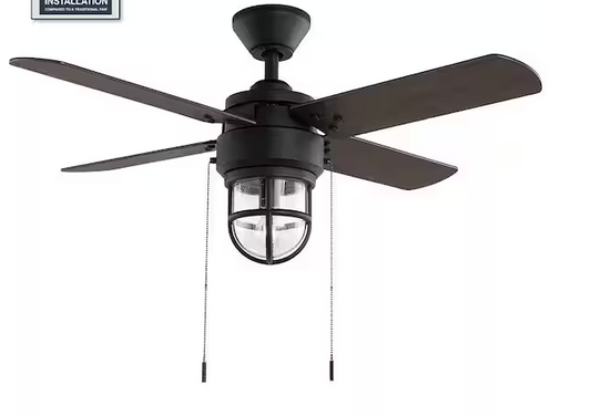 Hampton Bay Cedar Lake 44 in. Indoor/Outdoor LED Matte Black Damp Rated Ceiling Fan with Light Kit, Downrod and 4 Reversible Blades