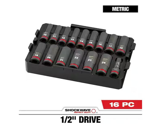 SHOCKWAVE Impact-Duty 1/2 in. Drive Metric Deep Well Impact Socket Set (16-Piece)