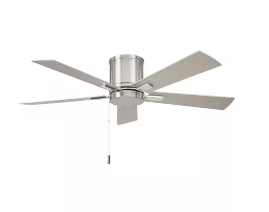Grantway 48 in. Indoor/Covered Outdoor Brushed Nickel Low Profile Ceiling Fan Without Light with Pull Chain Included