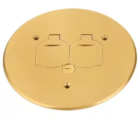 Low-Profile Round Floor Box Outlet Cover with 15A TR Duplex Receptacle and 2 Lift Lids, Brass