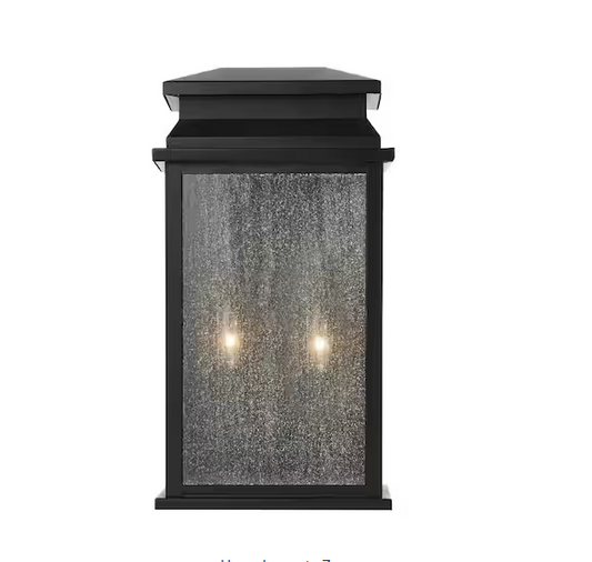 Sirrine 17.25 in. 2-Light Black Outdoor Wall Light Fixture Sconce with Clear Seeded Glass