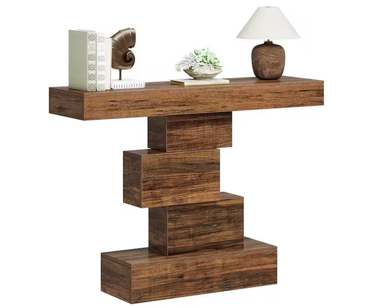 Turrella 42.5 in. Brown Rectangle MDF Console Table with Geometric Base, Narrow Accent Table for Living Room, Entrance