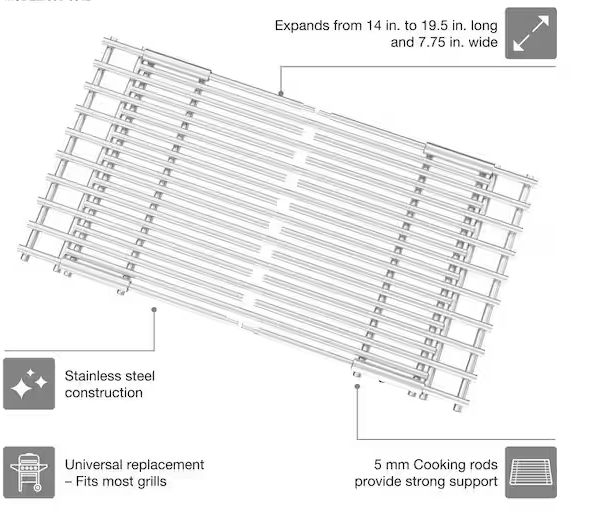 19.5 in x 7.75 in Adjustable Stainless Steel Grilling Grate