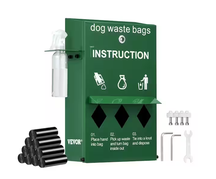 Dog Poop Bag Dispenser with Hand Wash Bottle, Lockable Outdoor Dog Waste Bag Holder with 600-Waste Bags, Stake, Pole