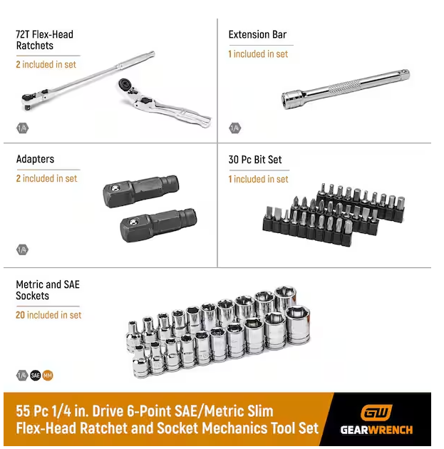 1/4 in. Drive 6-Point SAE/Metric Slim Flex-Head Ratchet and Socket Mechanics Tool Set (55-Piece)