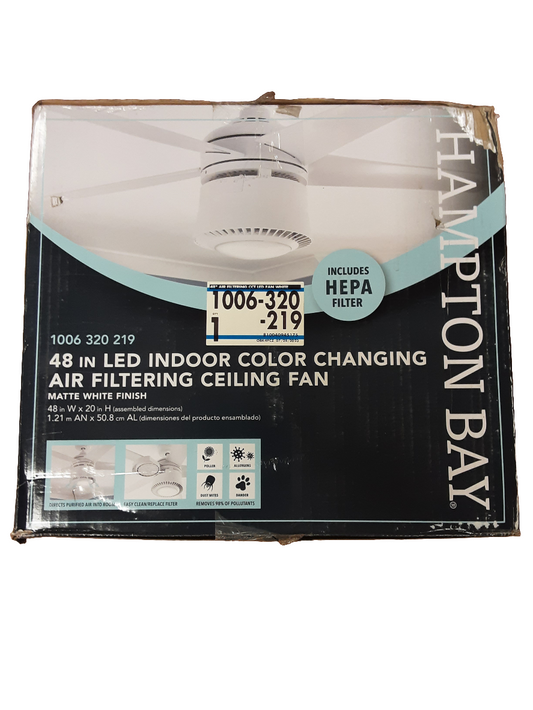 Hampton Bay Air Filtering 48 in. Integrated LED Indoor White Ceiling Fan with Light Kit and Remote with Color Changing Technology