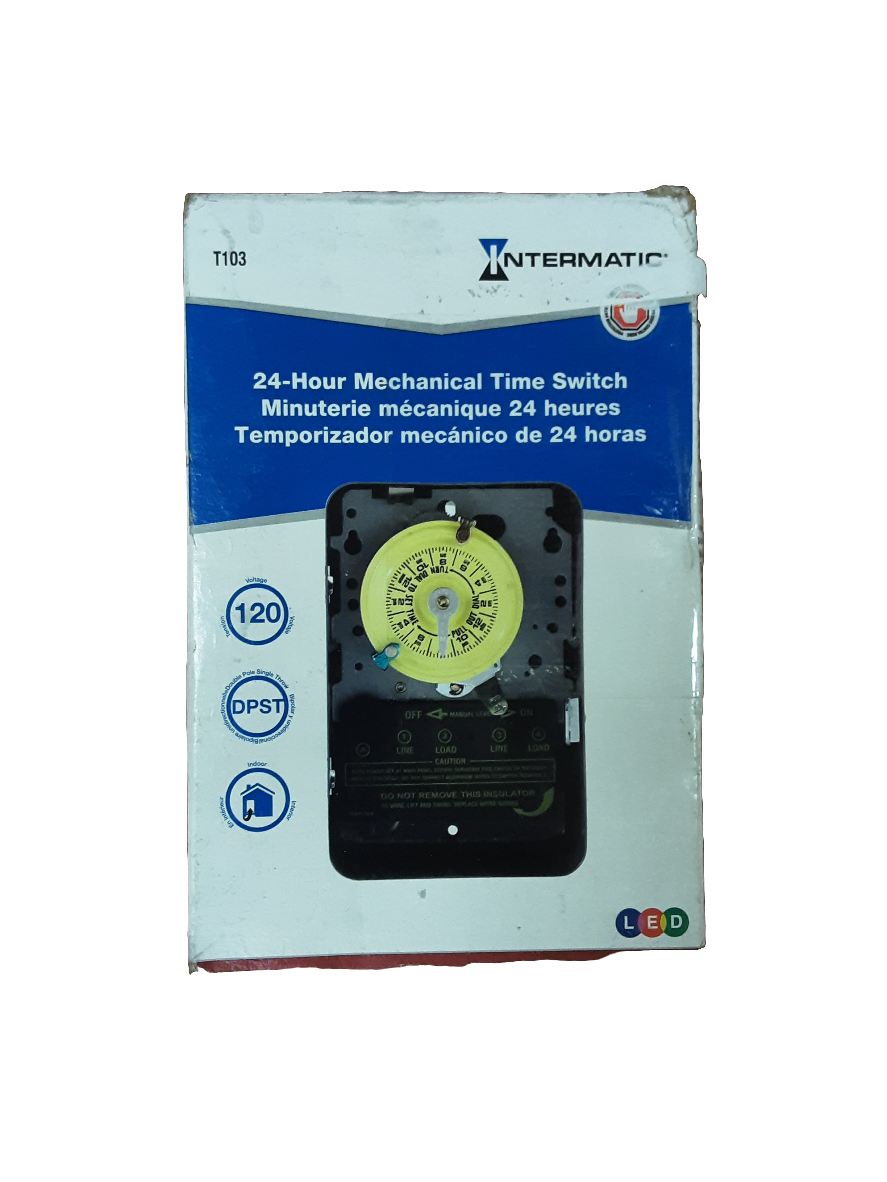 Intermatic T100 Series 40 Amp 24-Hour Indoor Mechanical Timer with Double Pole Single Throw Switching 120 VAC, Gray