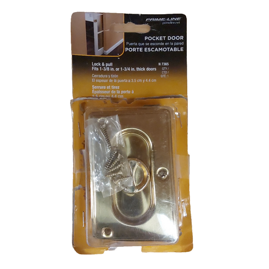 Prime-Line 3-3/4 in, Polished Brass, Pocket Door Privacy Lock with Pull