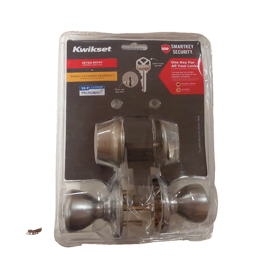 Kwikset Cove Satin Nickel Keyed Entry Door Knob and Single Cylinder Deadbolt Combo Pack featuring SmartKey and Microban